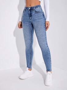 SHEIN Privé Slant Pocket Skinny Jeans - Light Wash - View 4