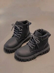 Winter New Arrivals Children's Boots For Girls/boys, Thick Bottom Street Style Motorcycle Pu Leather Shoes - Black - View 1