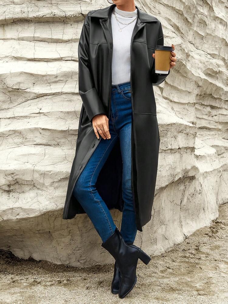 Solid Single Breasted Placket PU Leather Coat