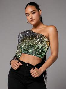 SHEIN BAE Christmas One Shoulder Sequin Crop Top - Multicolor - View 2