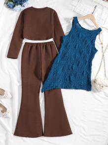 SHEIN Cô gái Tween Áo ba lỗ & Quần ống loe & Nơ mặt trước Top Cây trồng - Nhiều màu - Xem 2