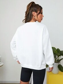 SHEIN EZwear 數字和字母圖案落肩袖內襯連帽衫 - 白色 - 查看 2