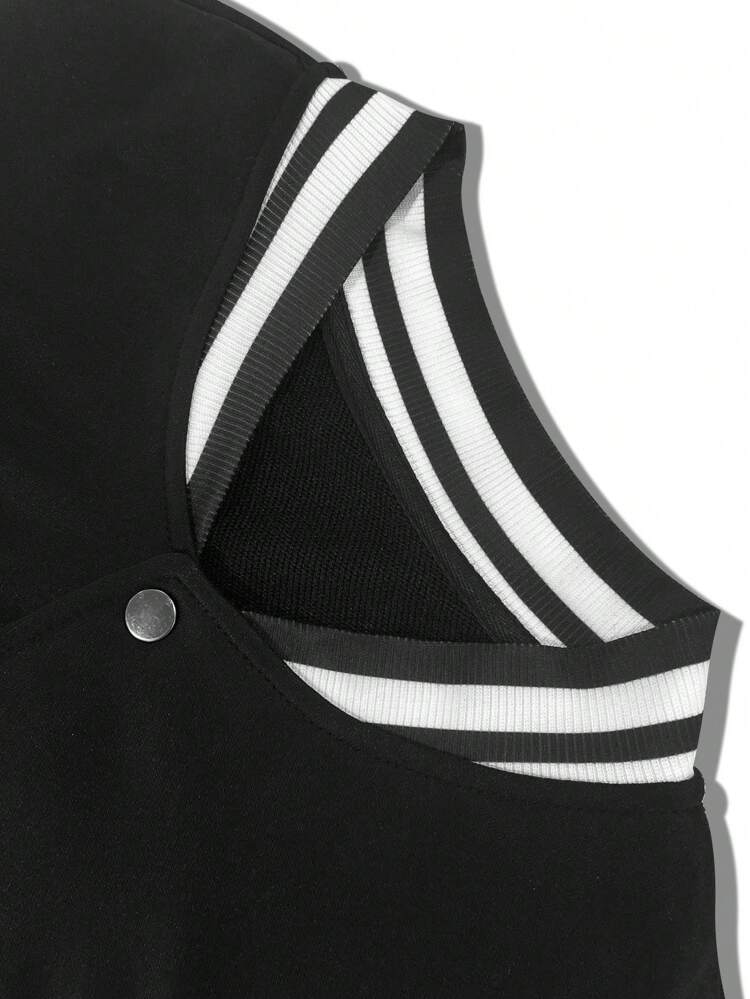 Men Letter Patched Striped Trim Colorblock Varsity Jacket