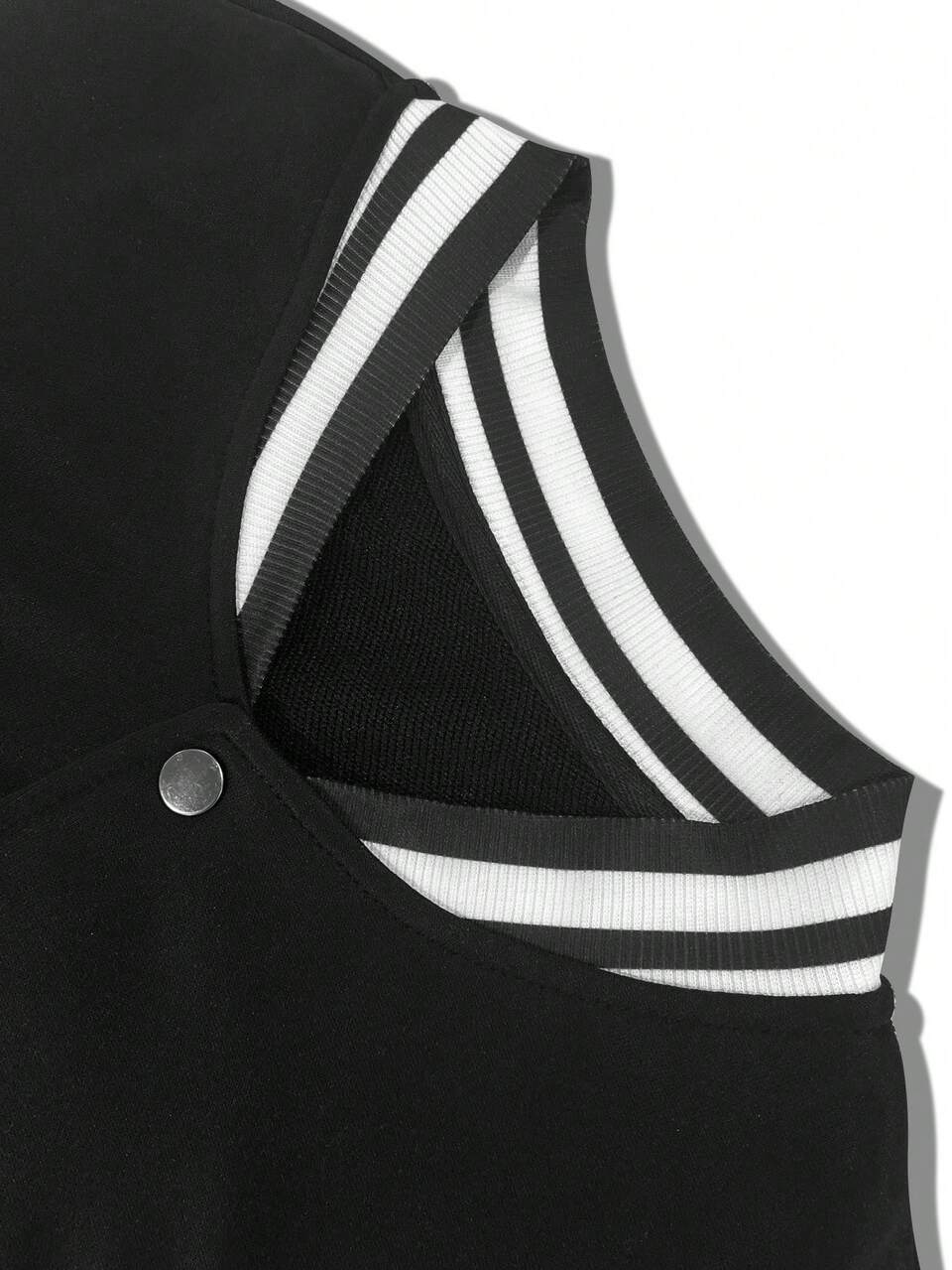 Men Letter Patched Striped Trim Colorblock Varsity Jacket