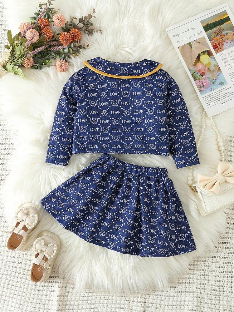 Baby Girl Letter & Bow Print Peter Pan Collar Flap Detail Jacket & Skirt