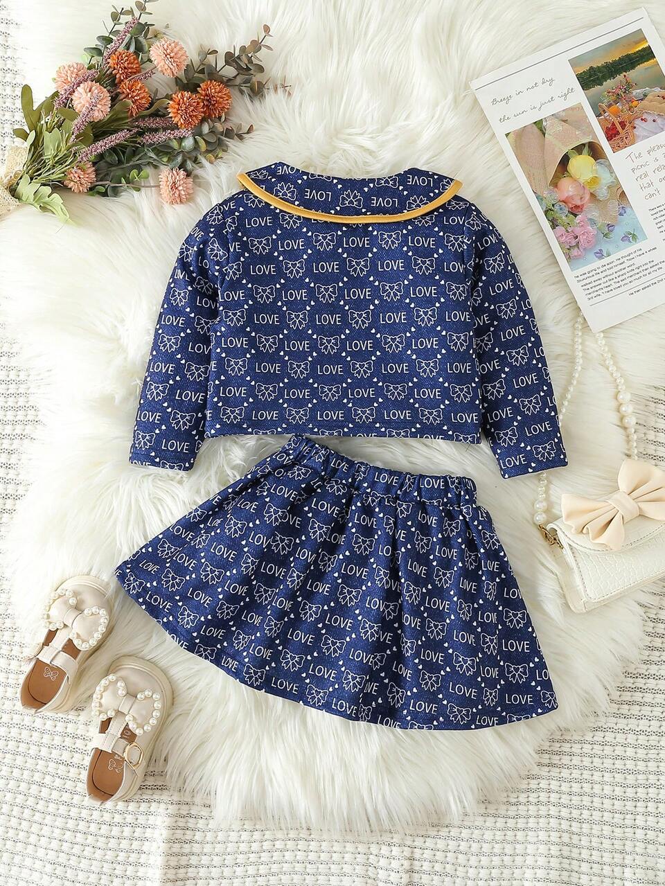 Baby Girl Letter & Bow Print Peter Pan Collar Flap Detail Jacket & Skirt
