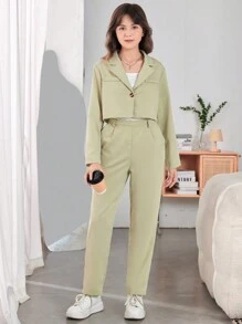 青少年女孩西裝領西裝外套和褲子不帶T恤 - 薄荷綠 - 查看 3