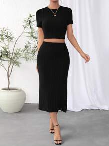 SHEIN Essnce unicolor Camiseta crop & de muslo con abertura Falda - Negro - Ver 5
