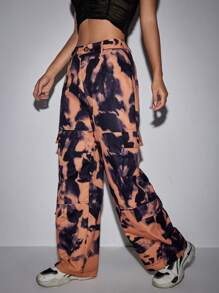 SHEIN Unity Tie Dye Flap Pocket Side Cargo Pants - Burnt Orange - View 1