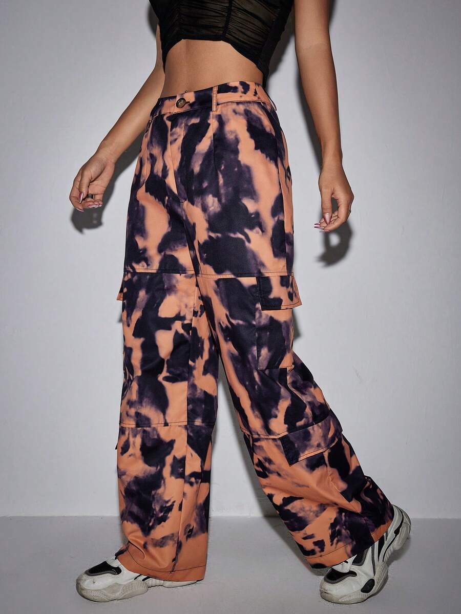 SHEIN Unity Tie Dye Flap Pocket Side Cargo Pants - Burnt Orange - View 1