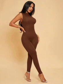 SHEIN SXY Solid Mock Neck Unitard Jumpsuit - Chocolate Brown - View 3