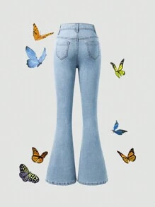 SHEIN Quần jeans ống loe cạp chun co giãn phong cách Boho đô thị cho bé gái tuổi teen có túi phẳng - Rửa nhẹ - Xem 2