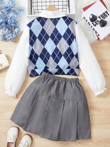 SHEIN 女大童菱形印花假兩件襯衫&百褶半身裙 - 彩色 - 查看 2