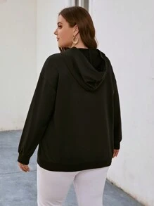 SHEIN LUNE Plus Coconut Tree Print Lace Up Front Drop Shoulder Hoodie - Black - View 2