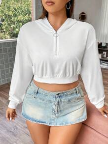 Flirla 加大码半拉链落肩短款卫衣 - 白色 - 查看 9