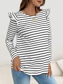SHEIN Maternity Striped Print Button Back Ruffle Trim Tee - White - View 4