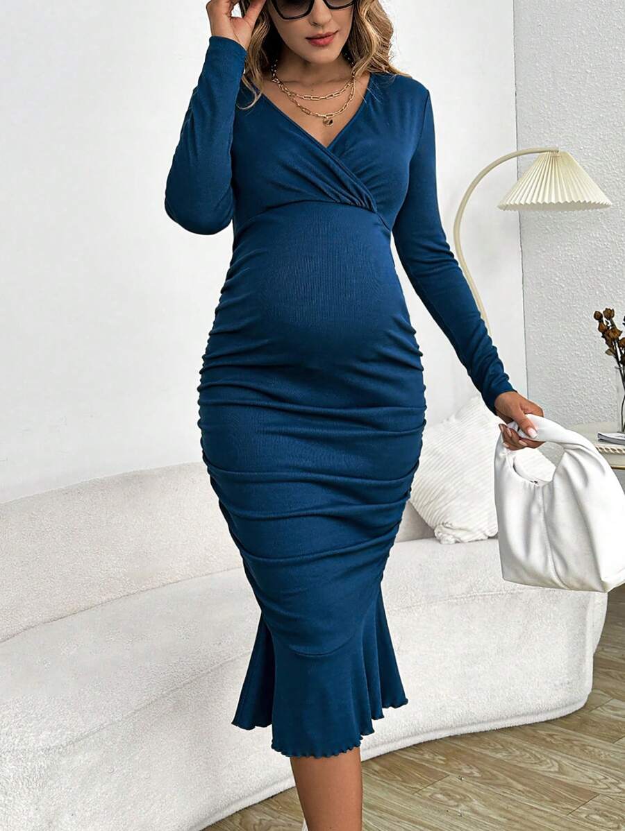 SHEIN 優雅荷葉邊 交叉 褶邊純色孕婦連身裙 - 藍色 - 查看 1