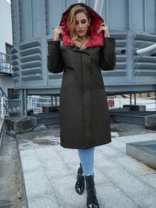 Astrid 大码女式拉链连帽长袖加厚外套，休闲长款，冬季