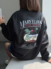 DAZY 標語和熱帶印花落肩袖套頭衫 - 黑色 - 查看 5