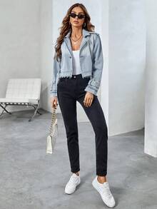 SHEIN Essnce 帶扣細節牛仔夾克 - 淺色水洗藍 - 查看 7