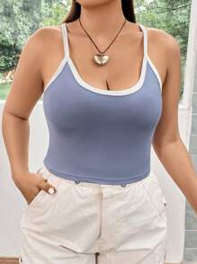 Flirla Hơn Tương phản ràng buộc Cami ngọn - Màu xanh bụi bặm - Xem 1