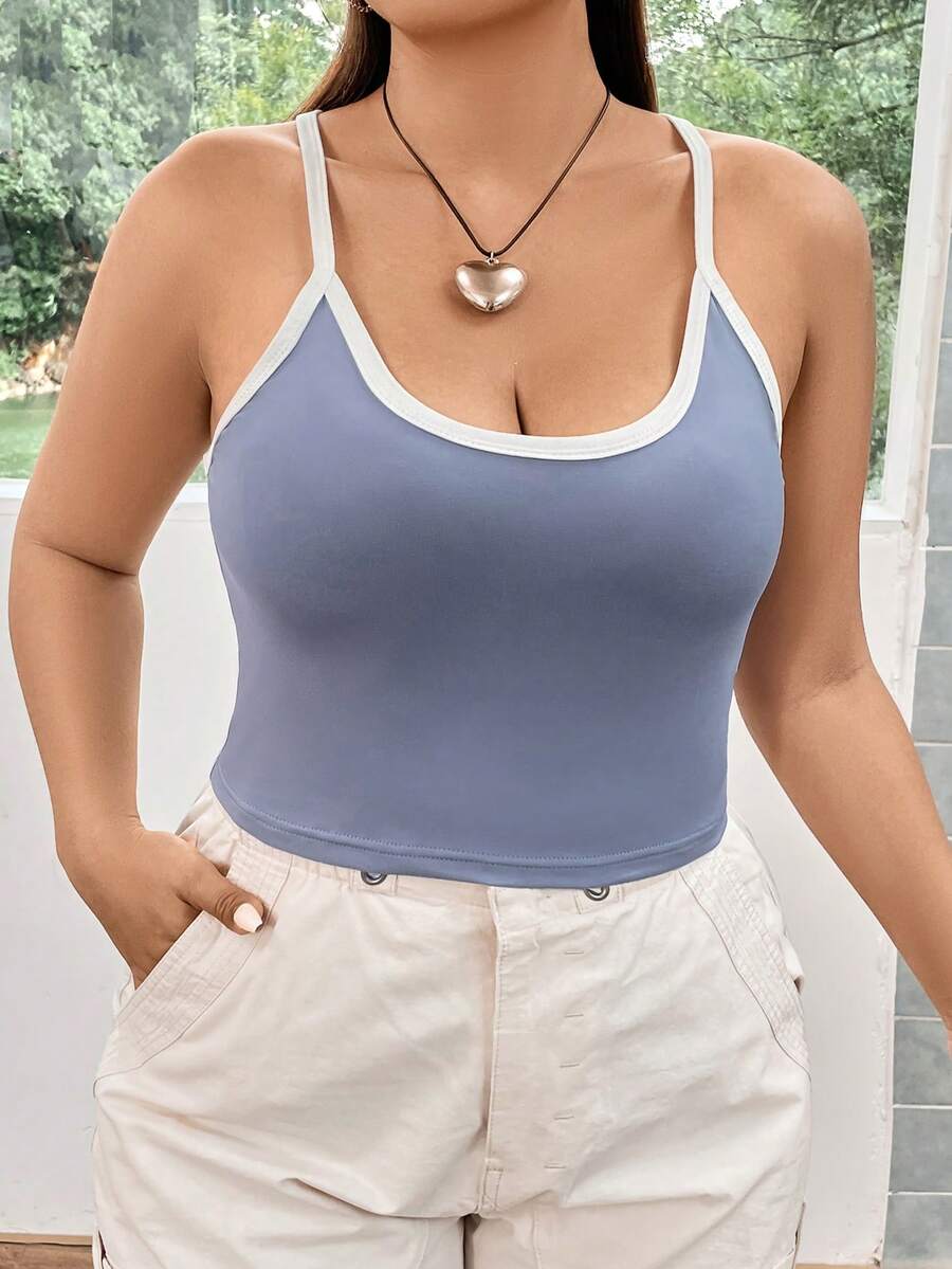 Flirla Hơn Tương phản ràng buộc Cami ngọn - Màu xanh bụi bặm - Xem 1