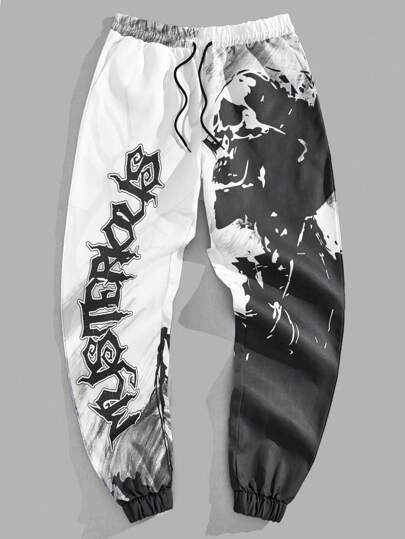 Grunge Punk Men Letter Graphic Drawstring Waist Pants, School