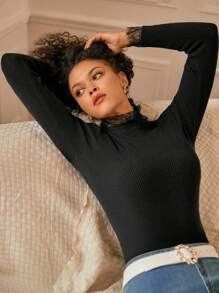 SHEIN Frenchy Pull Ourlet En Dentelle À Col Montant Côtelé Ajusté