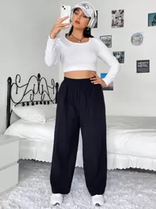 SHEIN EZwear Hơn Cao eo Túi nghiêng Quần ống rộng - màu đen - Xem 3