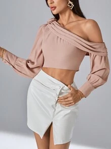 SHEIN Privé Cổ không đối xứng Chi tiết Ruched Áo sơ mi Crop - Hồng - Xem 3