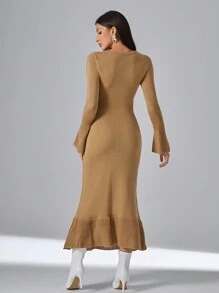 SHEIN Privé 優雅挖空 揉皺 荷葉邊純色女士毛衣連衣裙