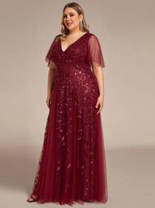 加大码优雅荷叶边袖亮片礼服派对礼服婚礼宾客礼服晚礼服