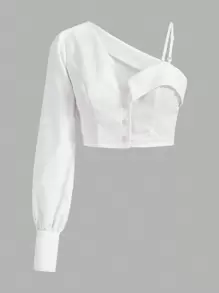 SHEIN Unity Blusa corta asimétrica de hombro con botones al frente, blusas de manga larga