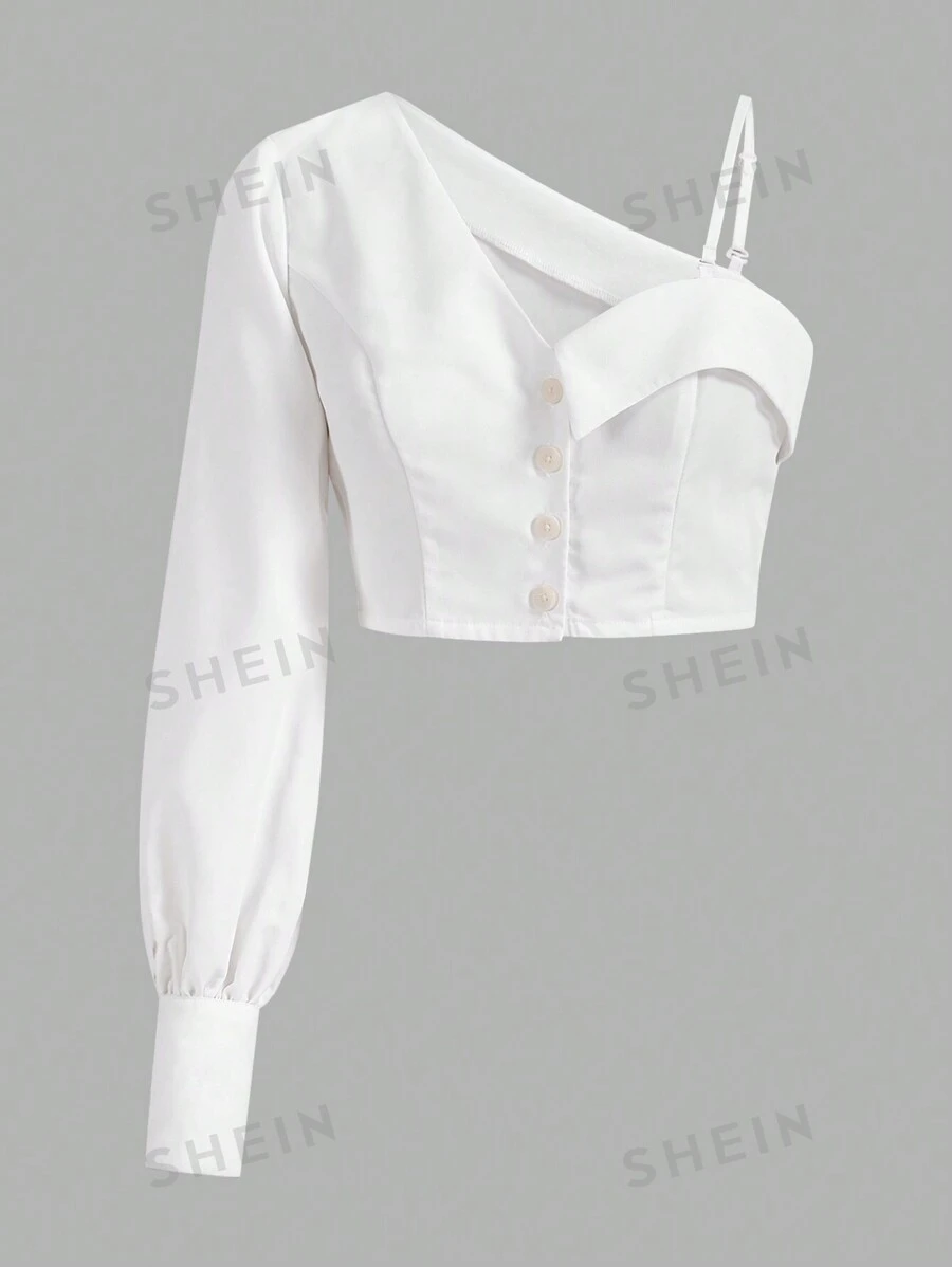 SHEIN Unity Blusa corta asimétrica de hombro con botones al frente, blusas de manga larga