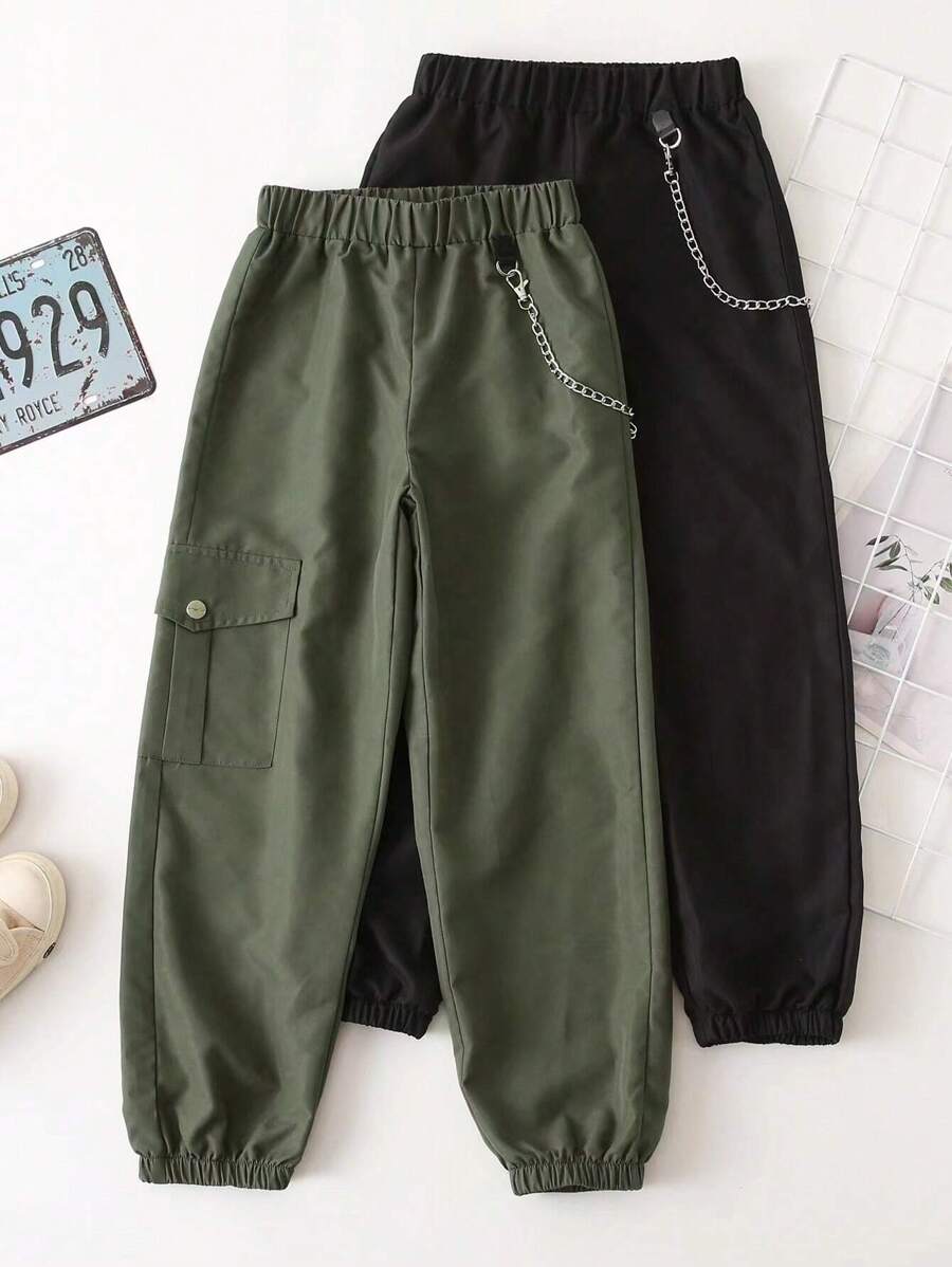 SHEIN Tween Girl 2pcs Chain Detail Cargo Pants