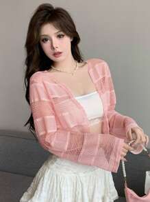 DAZY Solid Open Knit Crop Jacket Sheer - Pink - View 2