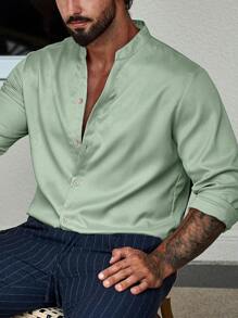 Manfinity Homme 男士纯色纽扣衬衫（不含T恤），适合秋季穿着，长袖上衣 - 薄荷綠 - 查看 6