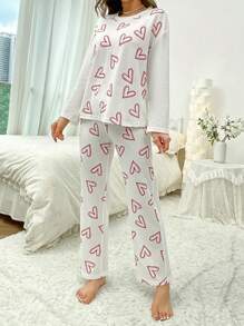 Heart Print Drop Shoulder PJ Set - White - View 4