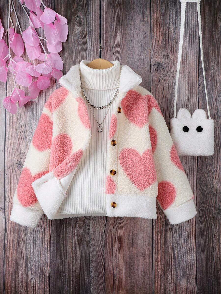 SHEIN 女小童1入組愛心圖案毛絨夾克&包 - 杏色 - 查看 1