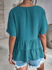 Breezaya Chất rắn Xù Hoa Sen Áo sơ mi - Màu xanh ngọc - Xem 2