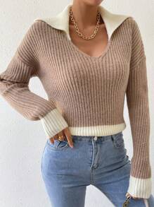 SHEIN LUNE Áo len chui đầu cổ tương phản, vai rớt, chất liệu dệt kim gân, thích hợp cho mùa thu đông. - Nhiều màu - Xem 4