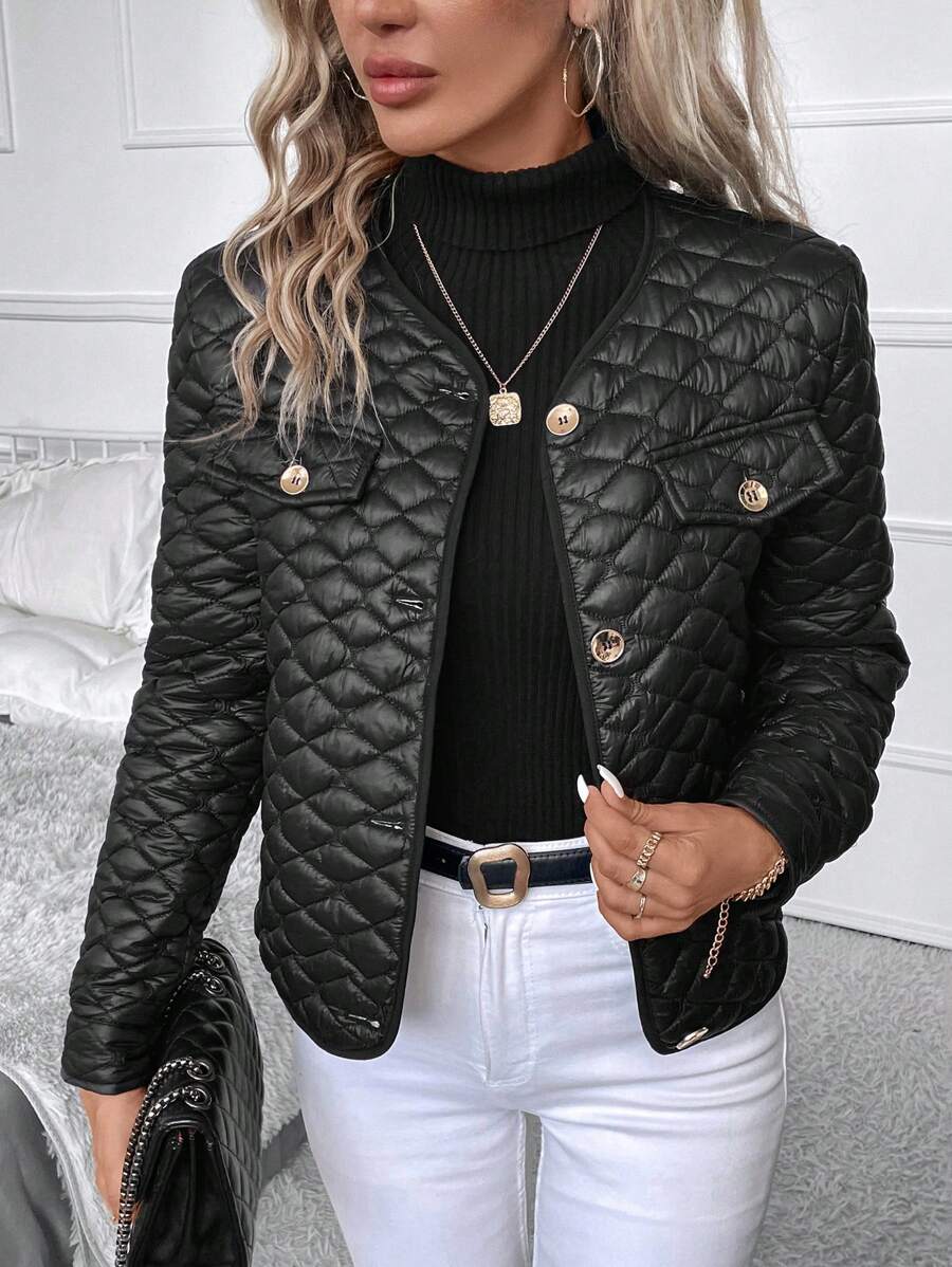 SHEIN Clasi Flap Detail Quilted Coat - Black - View 1