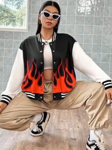 Flirla Plus Fire Print Striped Trim Drop Shoulder Varsity Jacket - Multicolor - View 7
