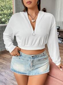 Flirla 加大码半拉链落肩短款卫衣 - 白色 - 查看 7