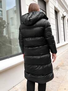 RueChic Plus Zip Up Snap Button Hooded Puffer Coat - Black - View 2