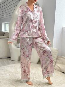 印花蕾絲拼接緞面睡衣套裝 - 粉色 - 查看 4