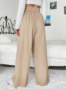 SHEIN EZwear Plus Drawstring Waist Wide Leg Sweatpants Graduation,Back To School Outfits,Graduation,Teacher Outfits For Women,Back To School - Khaki - View 2