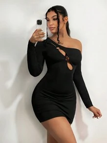 SHEIN SXY Cổ không đối xứng Cắt ra Váy bodycon - màu đen - Xem 5