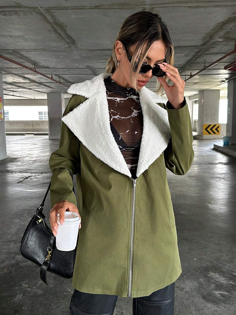 Lapel Neck Teddy Lined Zip Up Coat
