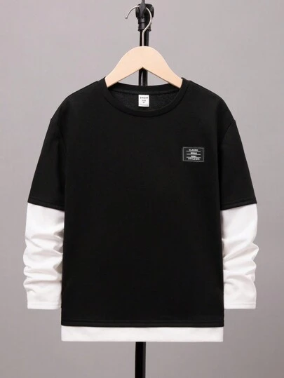 SHEIN Camiseta de punto casual con cuello redondo, parches monocromáticos y aplicaciones para niño preadolescente